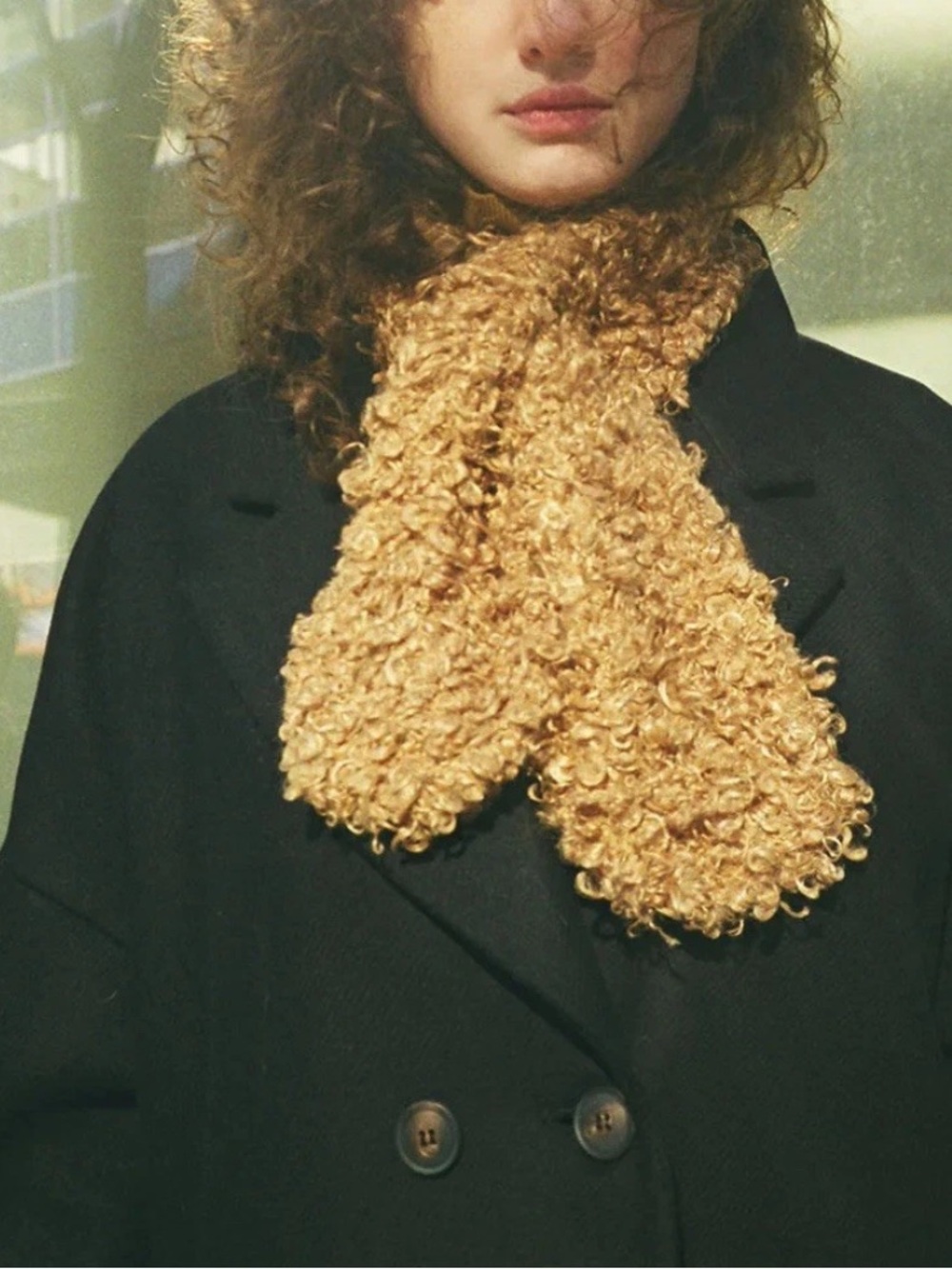 Clyde Camel Curl Rai Scarf Brown Curly Teddy Faux Fur Keyhole Loop Pull Through